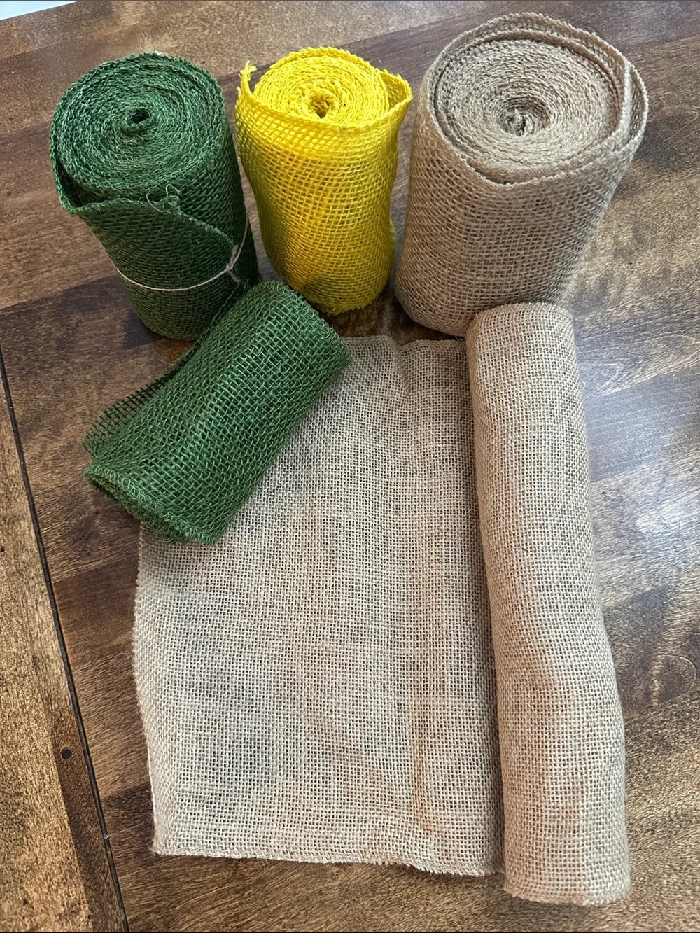 Natural Burlap Table Runner and Decorative Burlap Rolls in Green and Yellow
